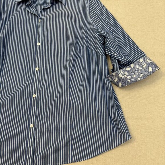Talbots Blue & White Pin Striped Button Blouse Shirt Floral Flip Cuff 24W - Picture 6 of 14